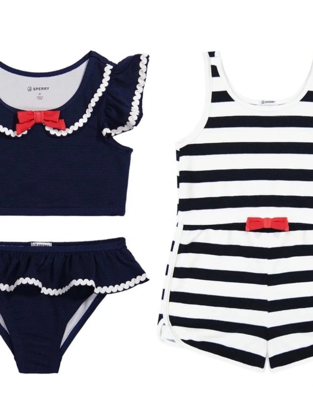 Sperry Navy, White & Red Girls Two-Piece Swim Set with Striped Romper
